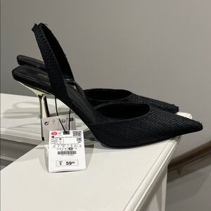 ZARA Black Rattan Slingback Pump Heels